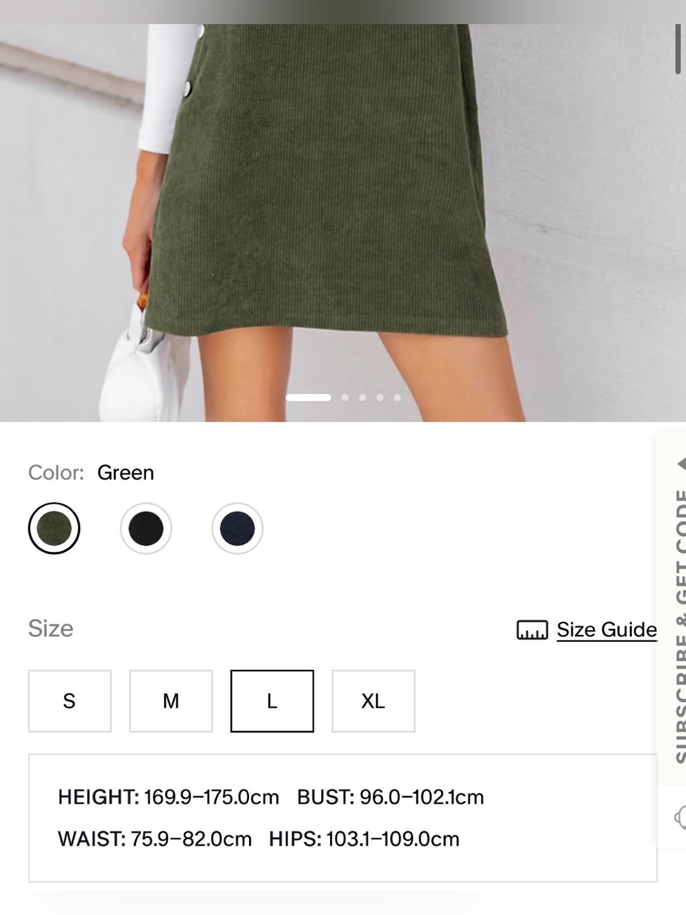 NWT Cupshe Olive Green Ribbed Corduroy Pinafore Dress overall - size L - Picture 6 of 6
